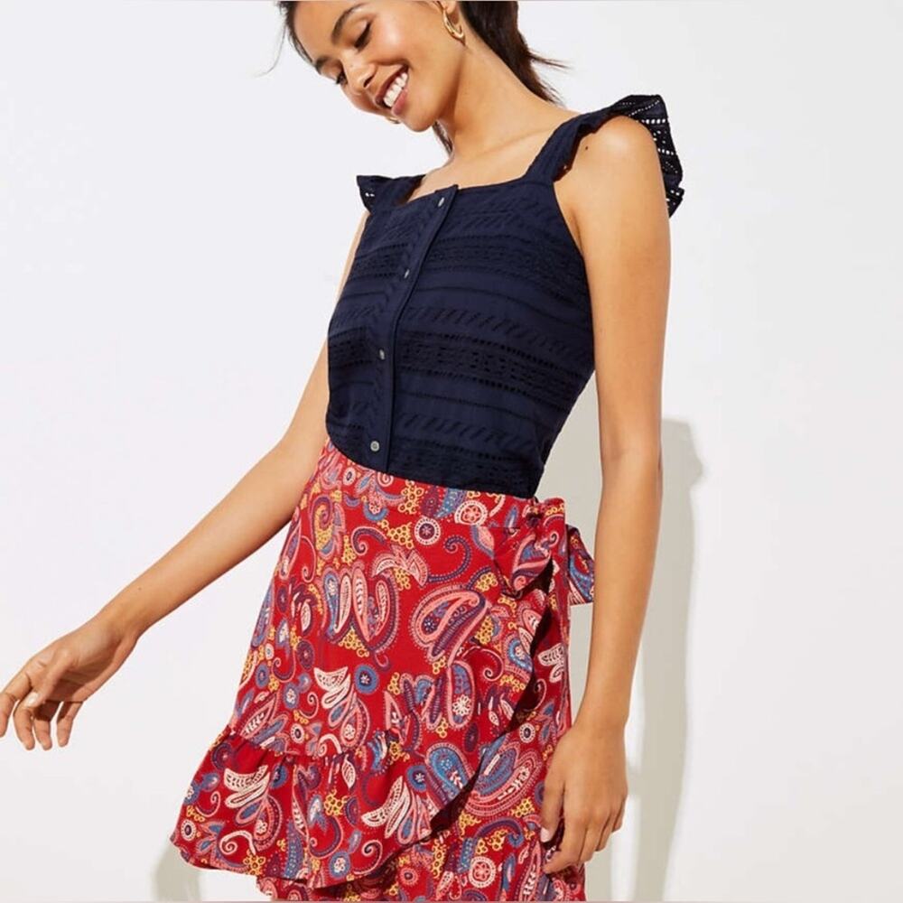 LOFT Women's Paisley Print Ruffle Wrap Skirt Zesty Red Size 4